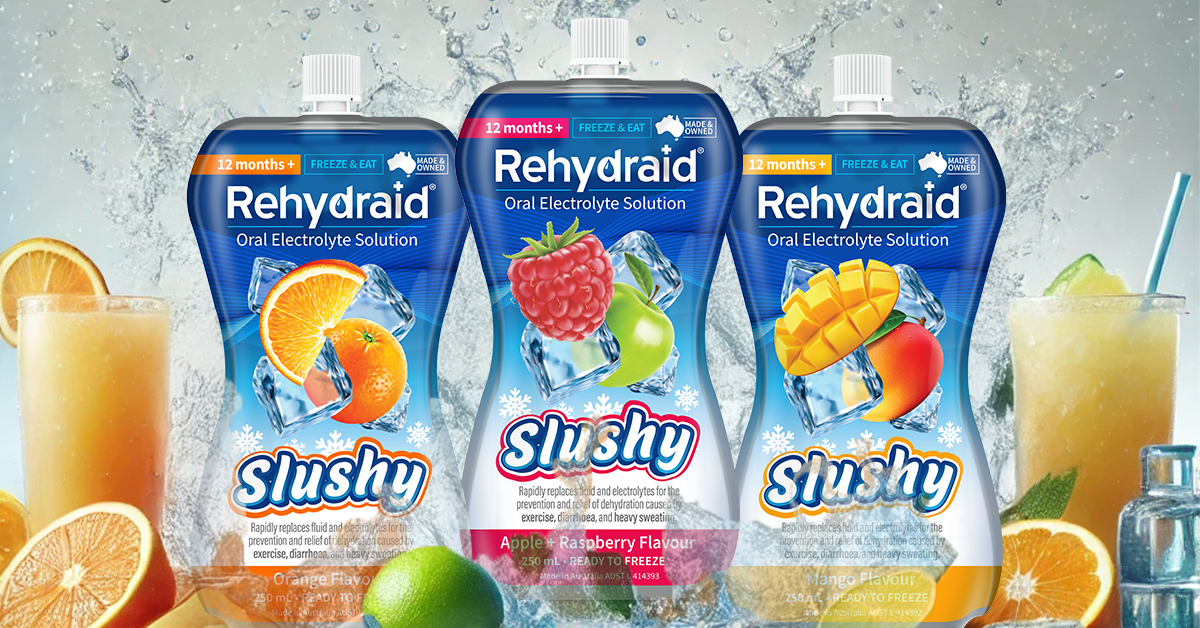 Rehydraid Slushy's in Orange, Apple + Raspberry, and Mango flavors - freeze and eat electrolyte solutions for fast hydration relief. Made in Australia, perfect for exercise recovery and combating dehydration.