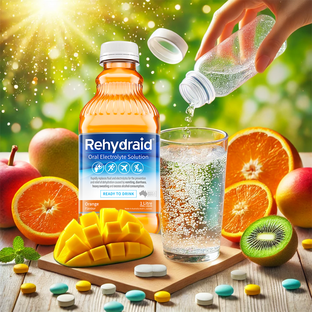 A water bottle being filled with clear water, surrounded by fresh fruits like lemons, watermelon, and oranges, with a Rehydraid effervescent tablet fizzing in a glass of water, set against a natural outdoor backdrop.