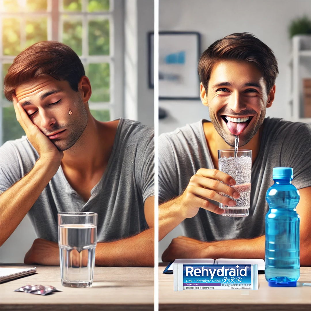 A side-by-side comparison of a fatigued person and an energized person, highlighting the benefits of hydration with a glass of water and Rehydraid products.