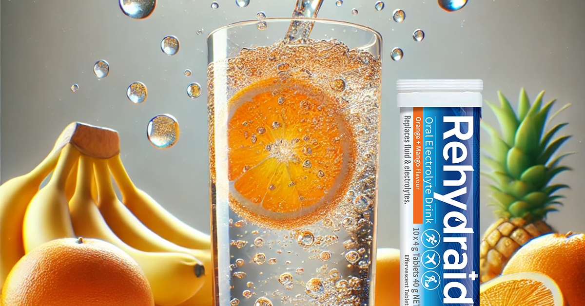 A glass of water with effervescent tablets dissolving, surrounded by fresh fruits like oranges, bananas, and pineapple, alongside Rehydraid products for hydration.