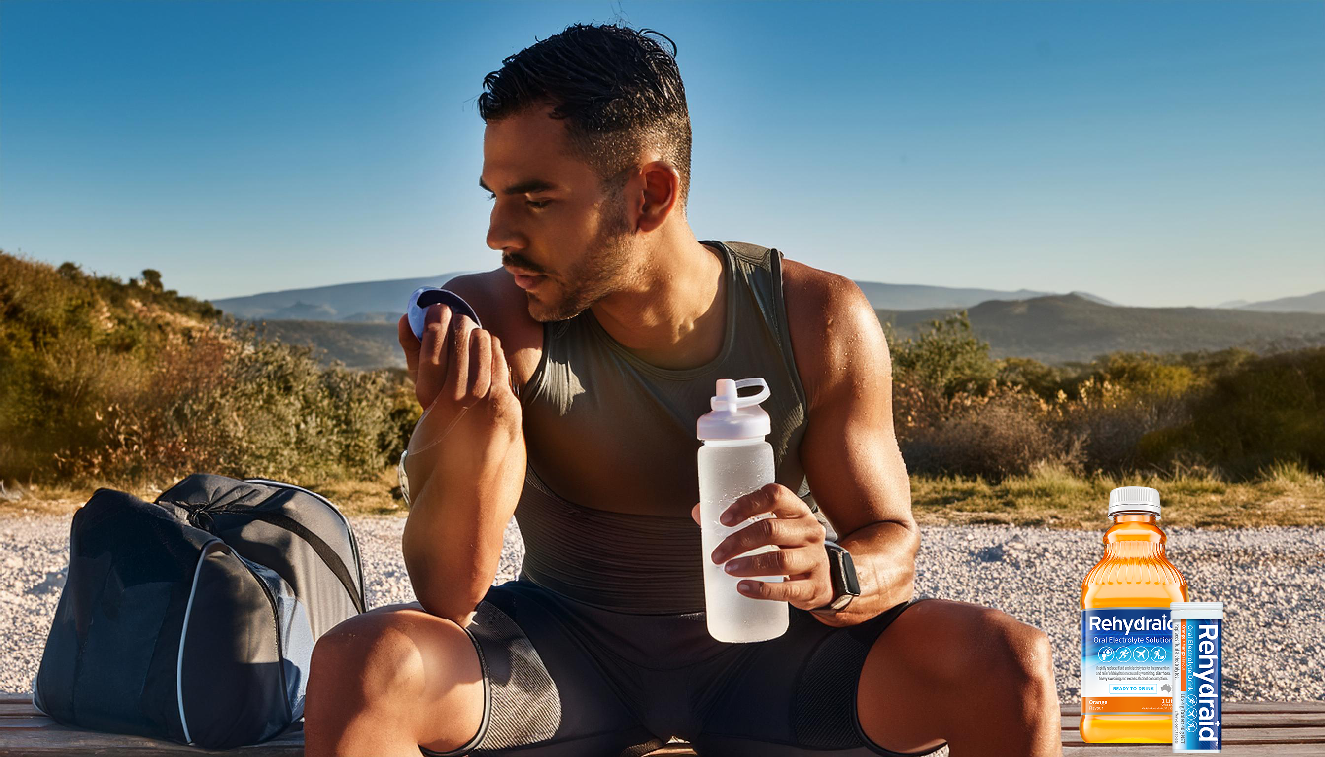 Runner mid-workout sweating, holding a water bottle with Rehydraid Effervescent Tablets and Ready-to-Drink Solutions displayed nearby