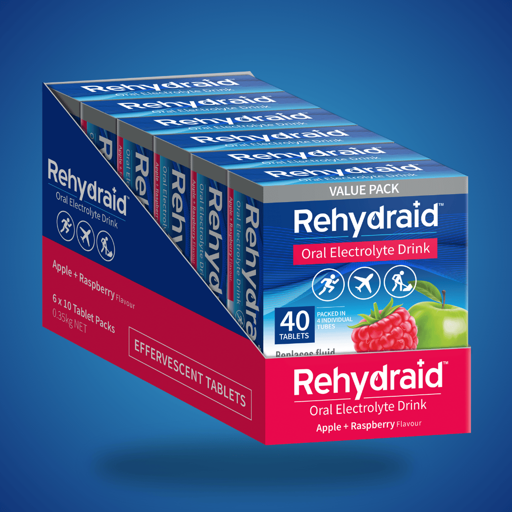 Rehydraid Apple + Raspberry Oral Electrolyte Effervescent Tablets Value Pack, 6 x 40 tablets for hydration relief. Packed in 4 individual tubes.