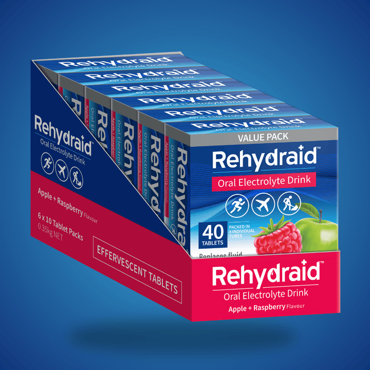 Rehydraid Apple + Raspberry Oral Electrolyte Effervescent Tablets Value Pack, 6 x 40 tablets for hydration relief. Packed in 4 individual tubes.