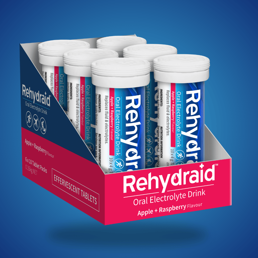 Rehydraid Apple + Raspberry Effervescent Electrolyte Tablets, 6 tubes x 10 tablets each, for hydration relief and electrolyte replacement.