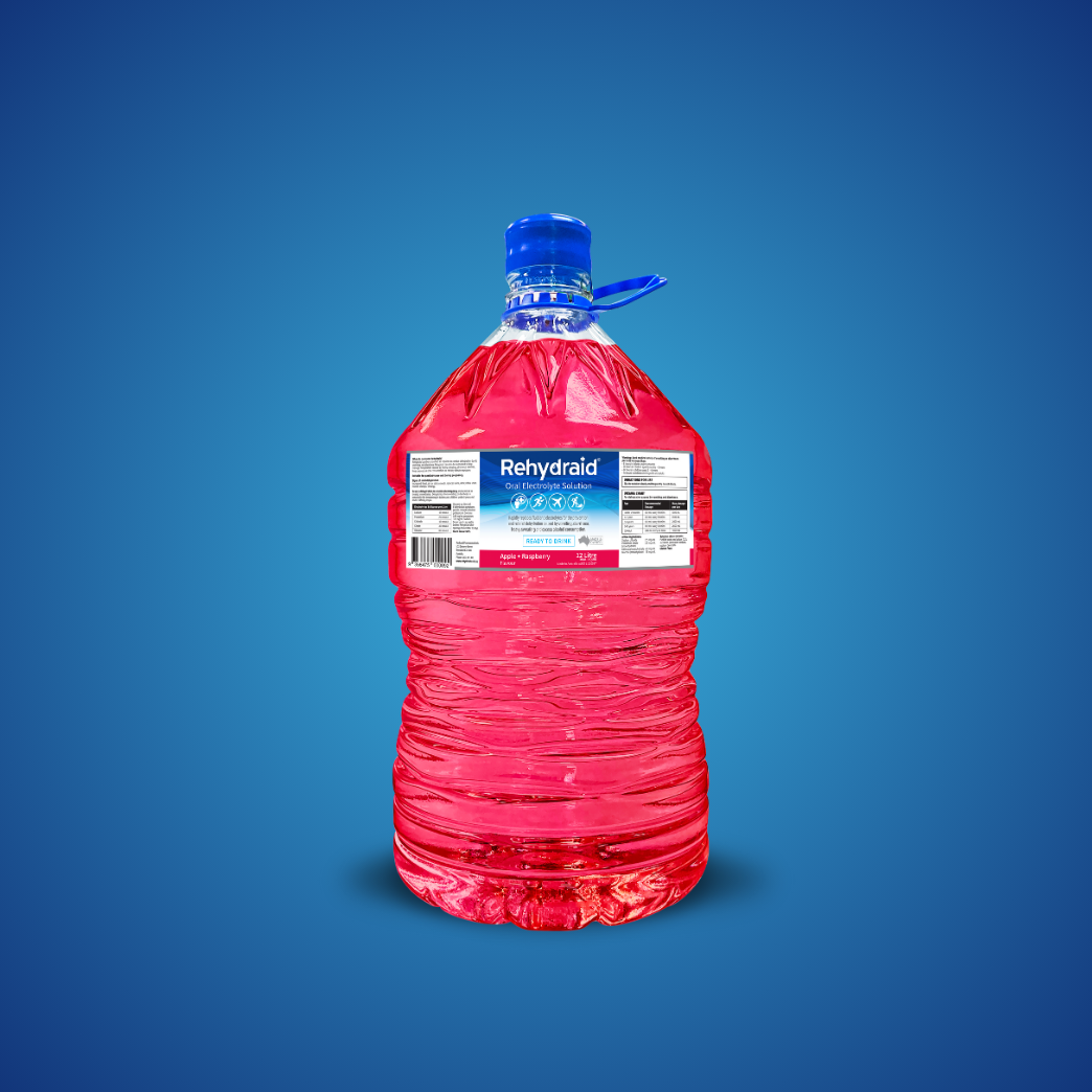 Rehydraid Apple + Raspberry Flavour Oral Electrolyte Solution, 12L electrolyte water cooler bottle for dehydration relief from vomiting, diarrhoea, sweating, and alcohol consumption. Australian-made.