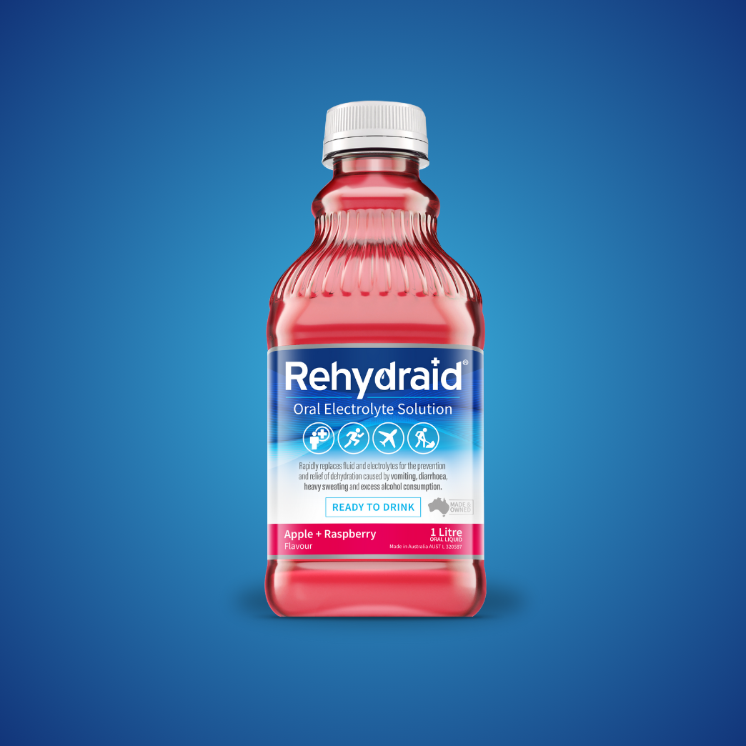 Rehydraid Apple + Raspberry Flavour Oral Electrolyte Solution, 1 Litre ready-to-drink bottle for dehydration relief from vomiting, diarrhoea, sweating, and alcohol consumption. Australian-made.