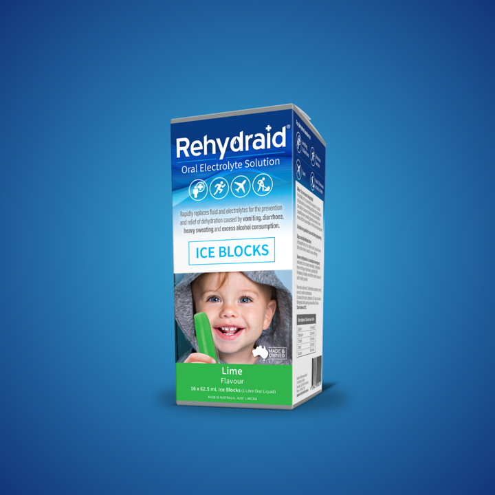 Rehydraid Lime Flavour Oral Electrolyte Solution, 1L box with 16 x 62.5 mL ice blocks for dehydration relief from vomiting, diarrhoea, sweating, and alcohol consumption. Australian-made.