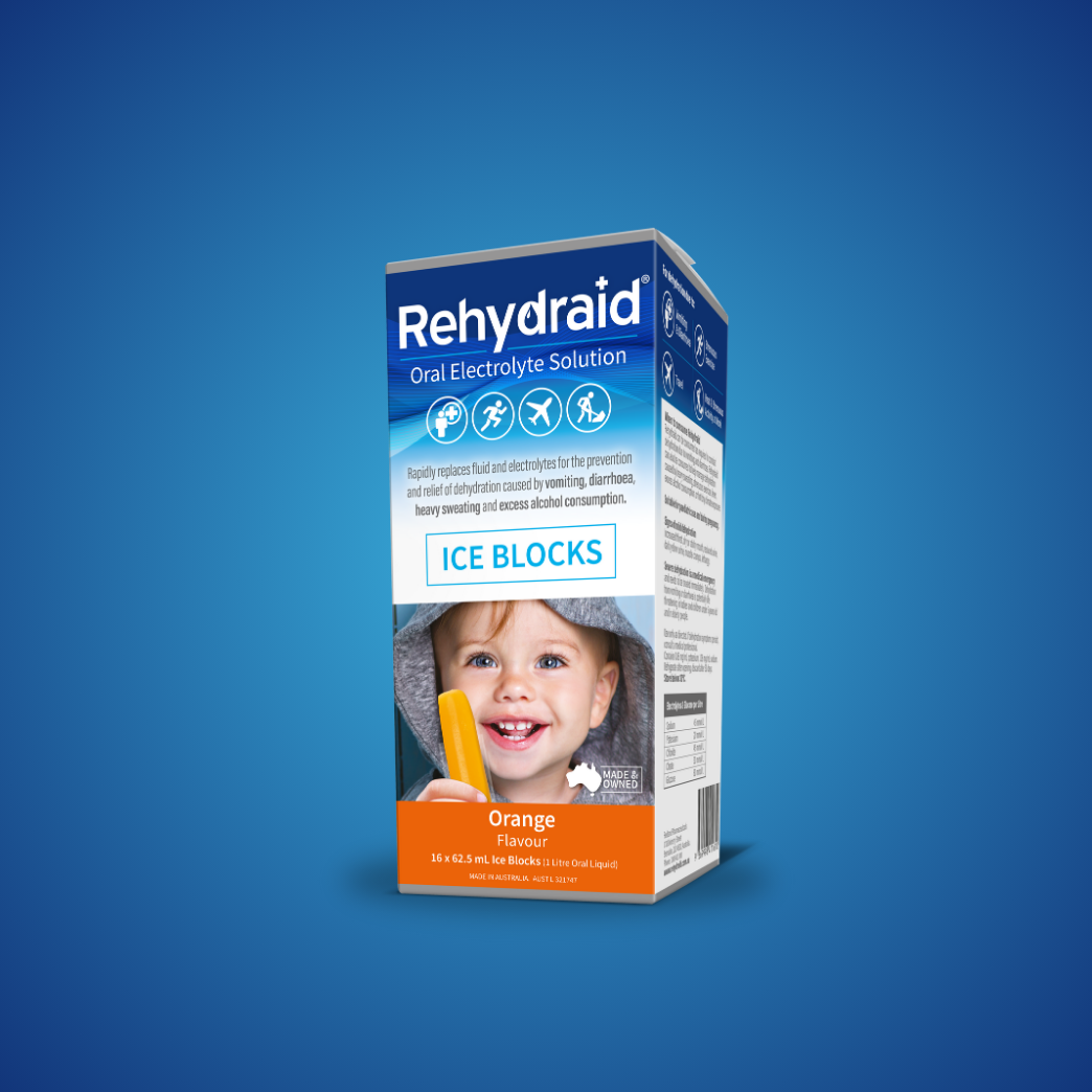 Rehydraid Orange Flavour Oral Electrolyte Solution, 1L box with 16 x 62.5 mL ice blocks for dehydration relief from vomiting, diarrhoea, sweating, and alcohol consumption. Australian-made.