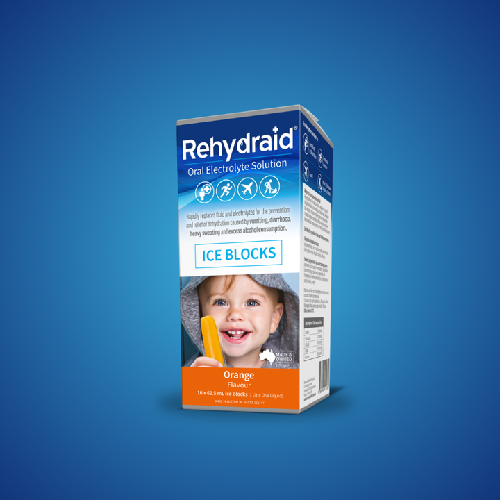 Rehydraid Orange Flavour Oral Electrolyte Solution, 1L box with 16 x 62.5 mL ice blocks for dehydration relief from vomiting, diarrhoea, sweating, and alcohol consumption. Australian-made.