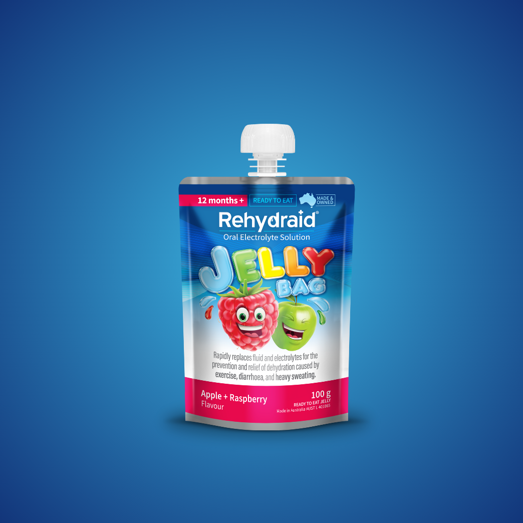 Rehydraid Apple + Raspberry Flavour Oral Electrolyte Solution Jelly Bag, 100g ready-to-eat pouch for dehydration relief from exercise, diarrhoea, and heavy sweating. Suitable for ages 12 months and up, Australian-made.