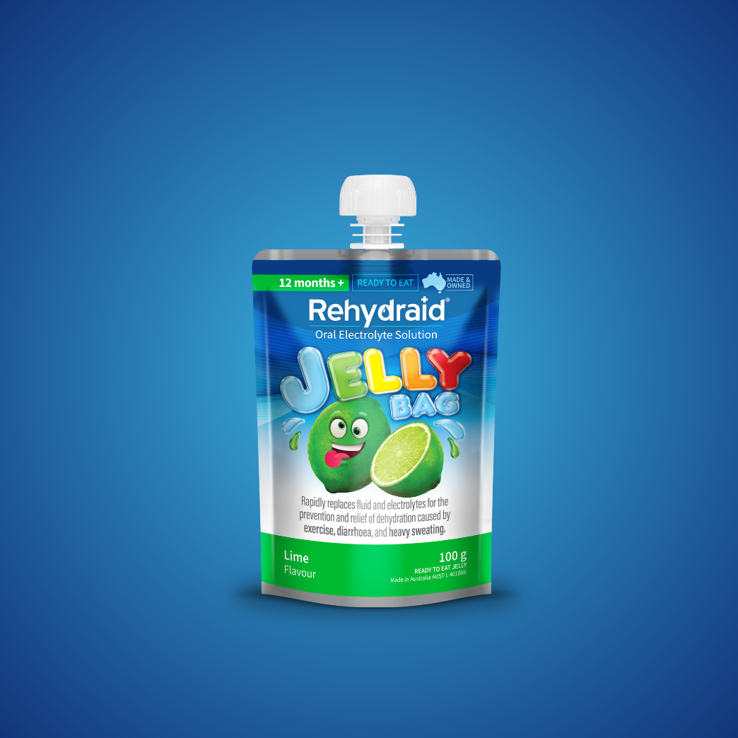 Rehydraid Lime Flavour Oral Electrolyte Solution Jelly Bag, 100g ready-to-eat pouch for dehydration relief from exercise, diarrhoea, and heavy sweating. Suitable for ages 12 months and up, Australian-made.