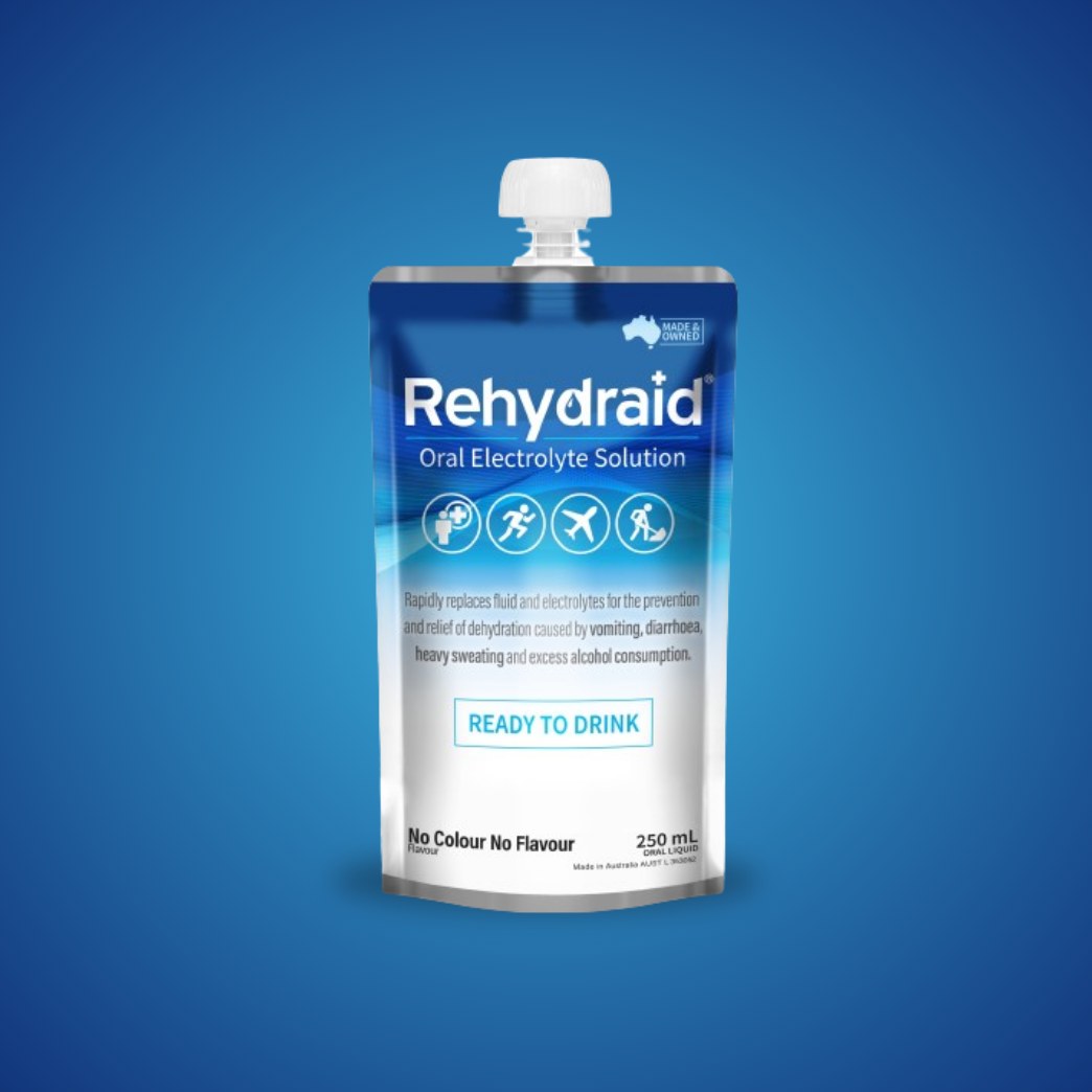 Rehydraid No Colour No Flavour Oral Electrolyte Solution, 250 mL ready-to-drink pouch for dehydration relief from vomiting, diarrhoea, sweating, and alcohol consumption. Australian-made.