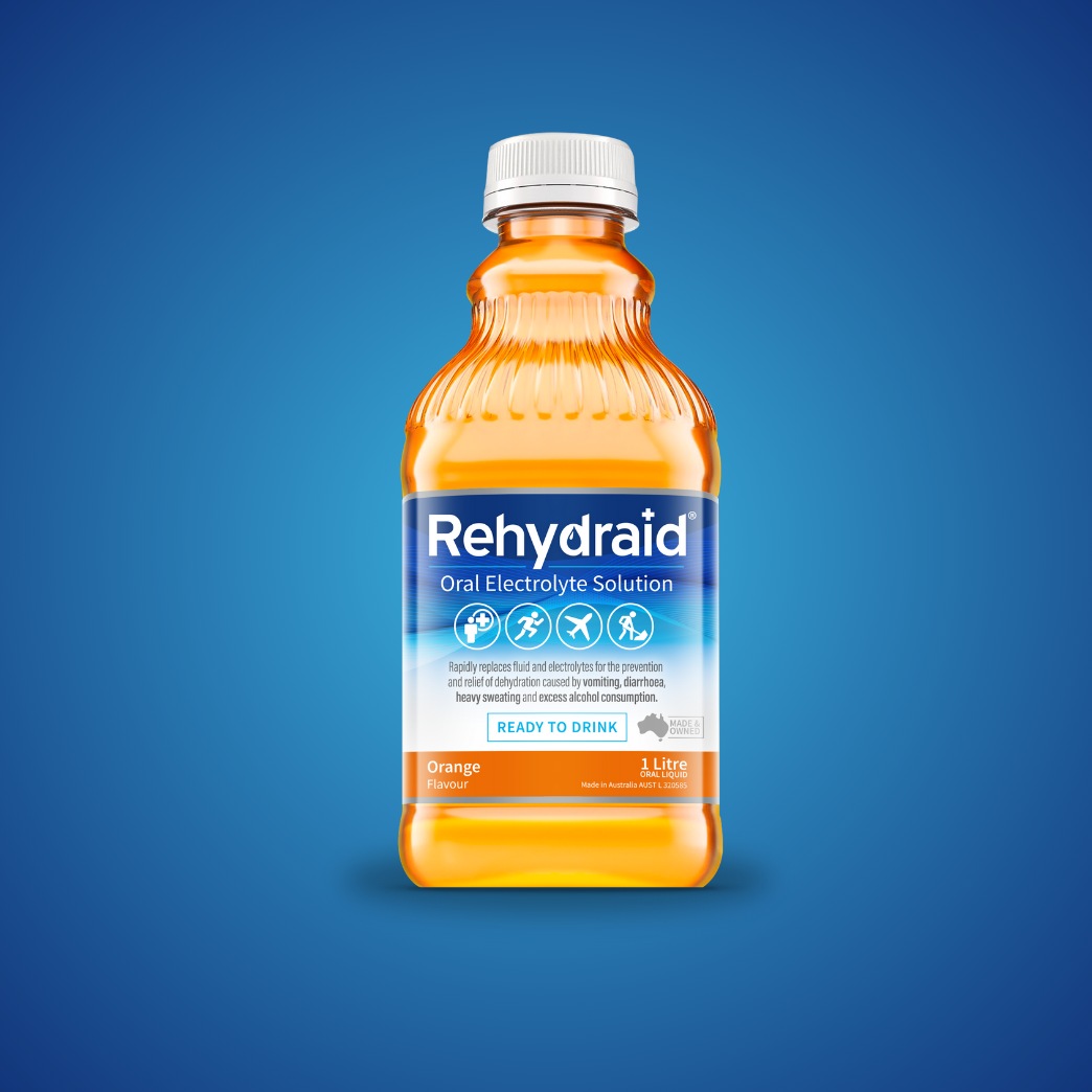 Rehydraid Orange Flavour Oral Electrolyte Solution, 1 Litre ready-to-drink bottle for dehydration relief from vomiting, diarrhoea, sweating, and alcohol consumption. Australian-made.