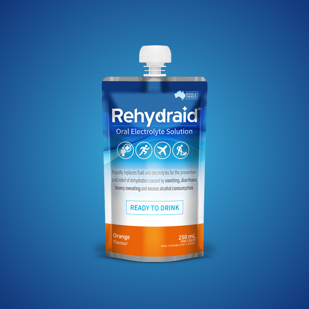 Rehydraid Oral Electrolyte Solution ready-to-drink pouch in orange flavour, 250 mL. The packaging highlights it rapidly replaces fluid and electrolytes to relieve dehydration caused by vomiting, diarrhoea, heavy sweating, and alcohol consumption. Suitable for physical activity and travel, made in Australia.