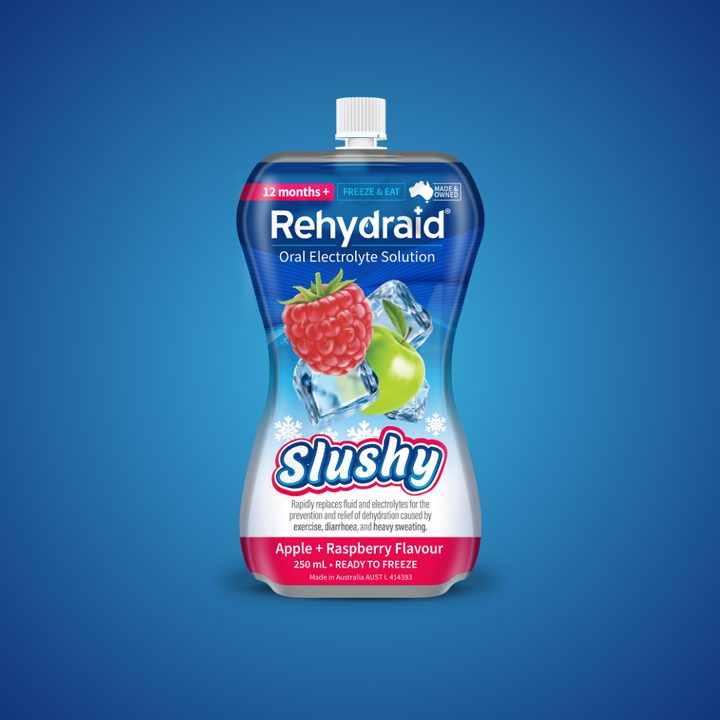 Rehydraid Oral Electrolyte Solution Slushy in apple and raspberry flavour, 250 mL pouch, ready to freeze. Designed to relieve dehydration caused by exercise, diarrhea, and heavy sweating. Suitable for ages 12 months and up, made in Australia.