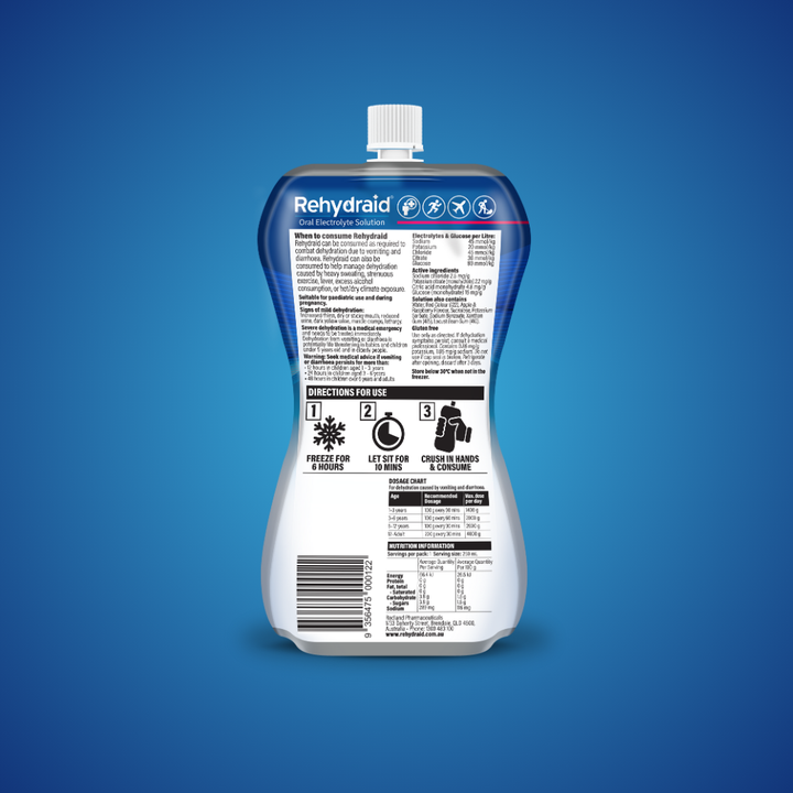 Back of Rehydraid Oral Electrolyte Solution Slushy pouch in apple and raspberry flavour, 250 mL. Shows directions for use: freeze for 6 hours, let sit for 10 minutes, then crush and consume. Provides usage instructions, dosage chart, ingredients, and nutritional information.