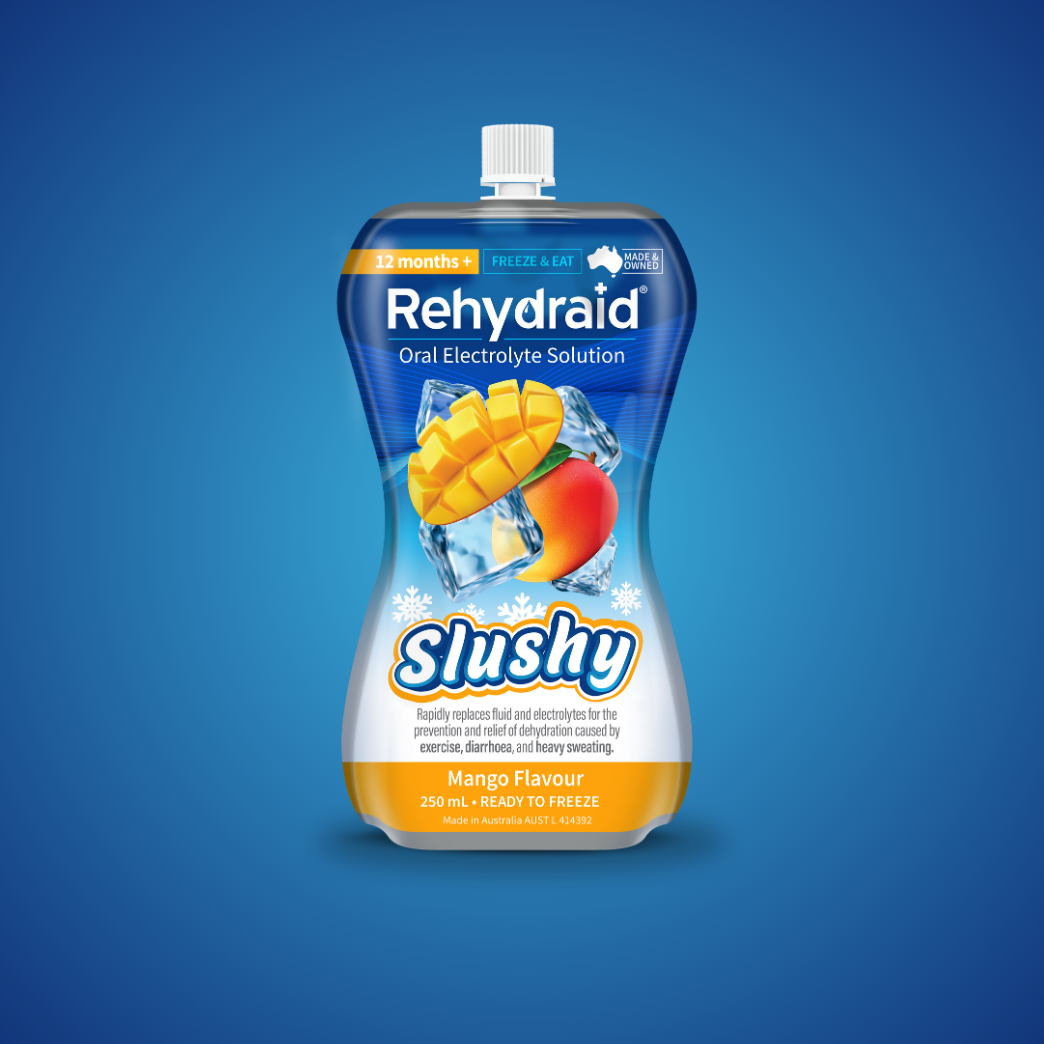 Rehydraid Mango Flavour Oral Electrolyte Solution, 250 mL slushy pouch ready to freeze for dehydration relief from vomiting, diarrhoea, sweating, and alcohol consumption. Australian-made.