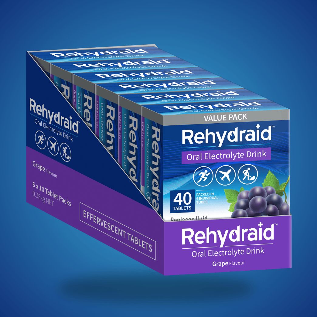 Rehydraid Grape Oral Electrolyte Effervescent Tablets Value Pack, 6 x 40 tablets for hydration relief, packed in 4 individual tubes.