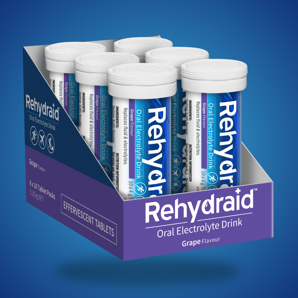 Rehydraid Grape Effervescent Electrolyte Tablets, 6 tubes x 10 tablets each, for hydration relief and electrolyte replacement.