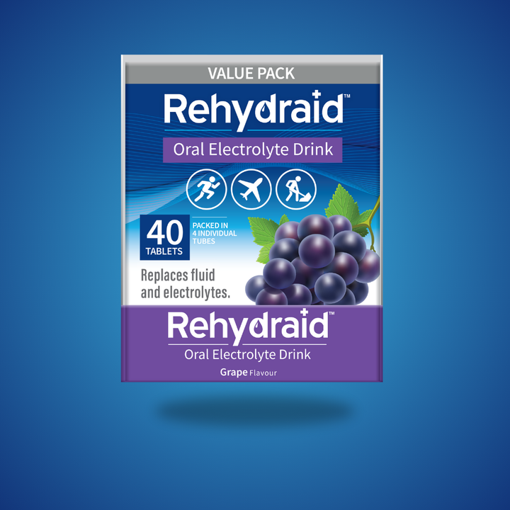 Rehydraid Oral Electrolyte Drink Value Pack with 40 tablets in grape flavor. The packaging shows it replaces fluid and electrolytes, suitable for physical activity and travel, with tablets packed in 4 individual tubes.