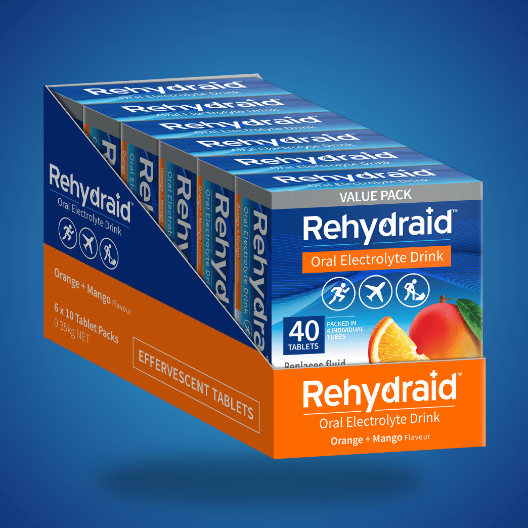 Rehydraid Orange + Mango Oral Electrolyte Effervescent Tablets Value Pack, 6 x 40 tablets for hydration relief, packed in 4 individual tubes.