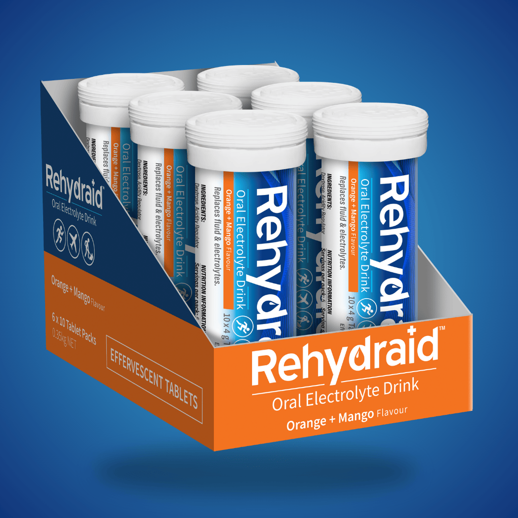 Rehydraid Orange + Mango Effervescent Electrolyte Tablets, 6 tubes x 10 tablets each, for hydration relief and electrolyte replacement.