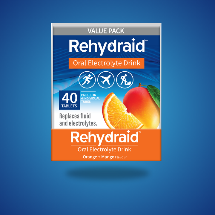 Rehydraid Oral Electrolyte Drink Value Pack with 40 tablets in orange and mango flavour. The packaging highlights that it replaces fluid and electrolytes, suitable for physical activity and travel, with tablets packed in 4 individual tubes.